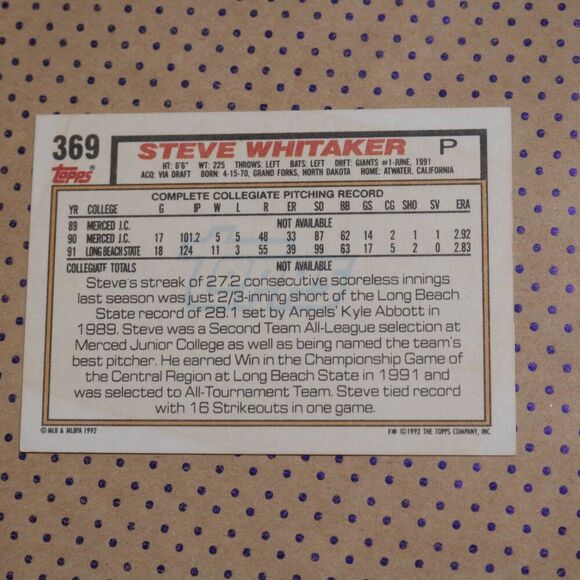 Steve Whitaker #369 Baseball Card - Picture 2 of 2